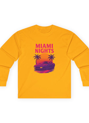 Miami Nights Long Sleeve Tee — Retro Sunset Palm Beach Graphic