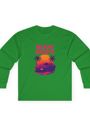 Miami Nights Long Sleeve Tee — Retro Sunset Palm Beach Graphic