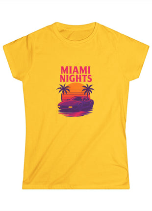 Miami Nights Women's Tee — Retro Sunset Palm Beach Graphic Tee ("WANTED" Back)