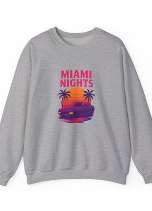 Miami Nights Sweatshirt — Retro Palm Beach Sunset Crewneck (’Wanted’ Back Graphic)