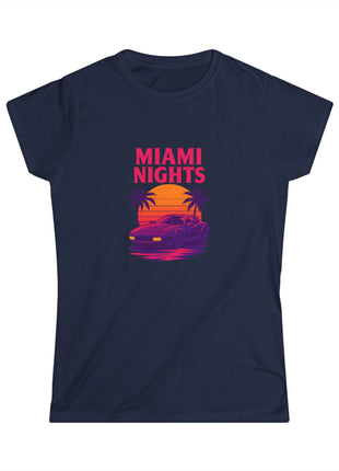 Miami Nights Women's Tee — Retro Sunset Palm Beach Graphic Tee ("WANTED" Back)