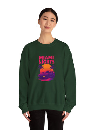 Miami Nights Sweatshirt — Retro Palm Beach Sunset Crewneck (’Wanted’ Back Graphic)