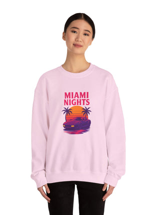 Miami Nights Sweatshirt — Retro Palm Beach Sunset Crewneck (’Wanted’ Back Graphic)